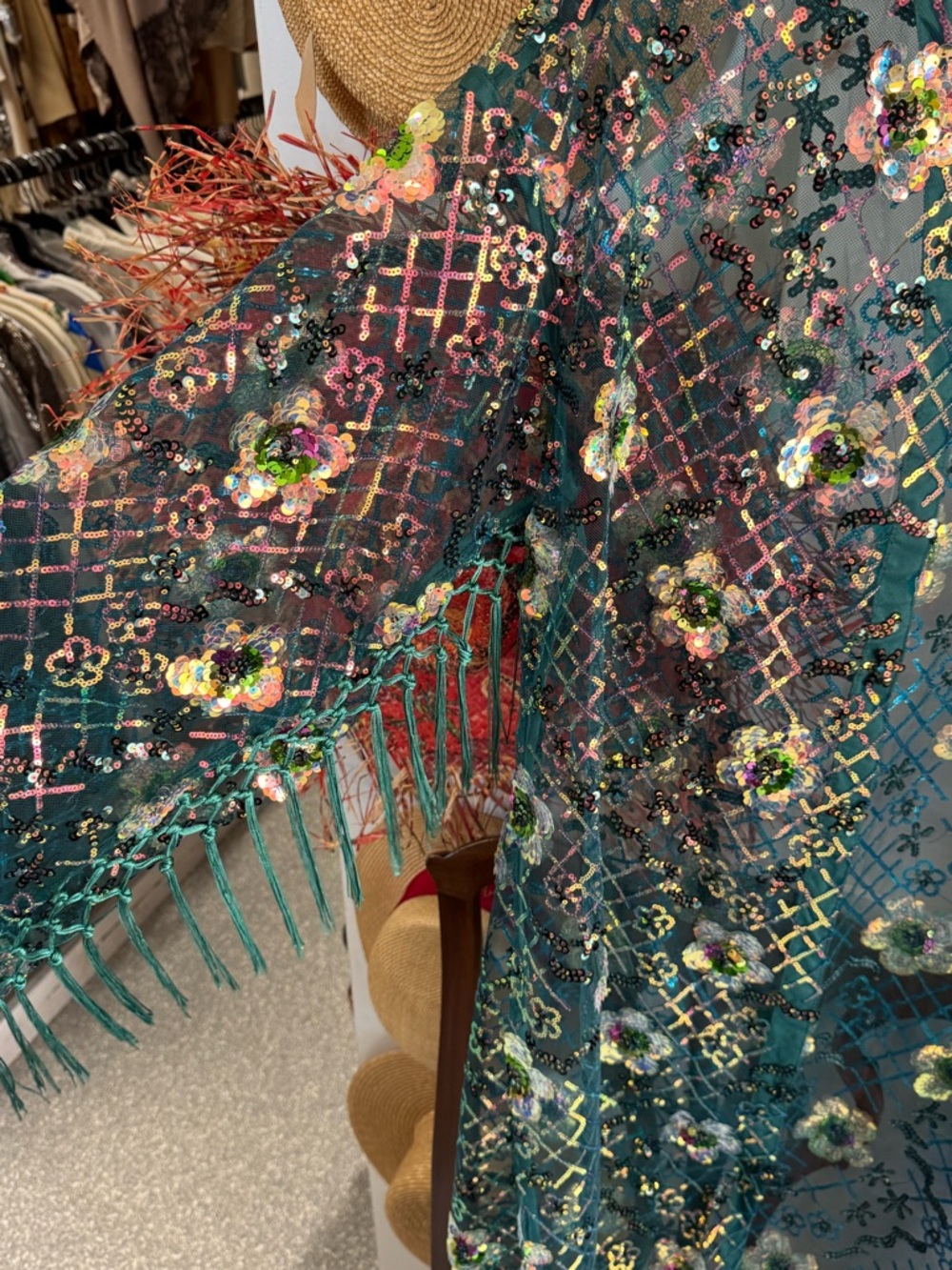 CLUB EXX DOLLSKILL- Embellished Teal Sheer Kimono Cardigan with Fringe - Picture 2 of 4
